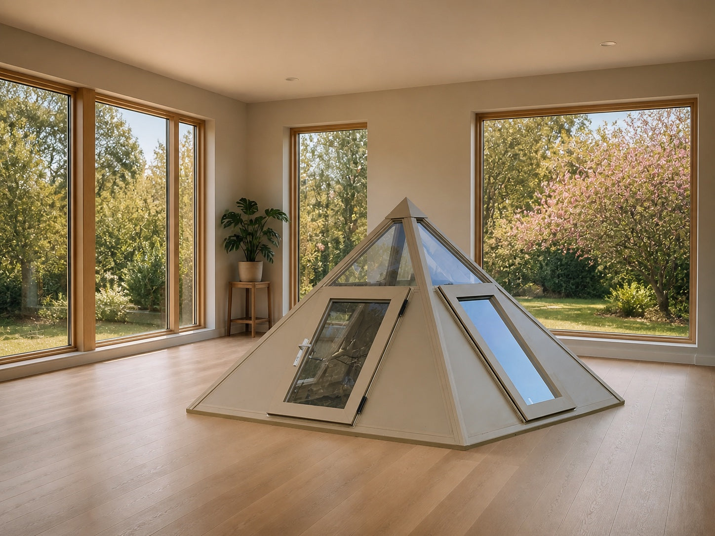 AI-generated concept of Guang Pyramid placed in a spacious indoor room