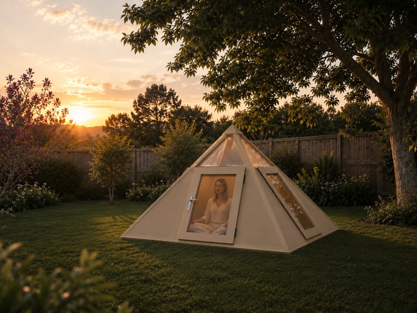 Illustration of Guang Pyramid in a garden at sunset