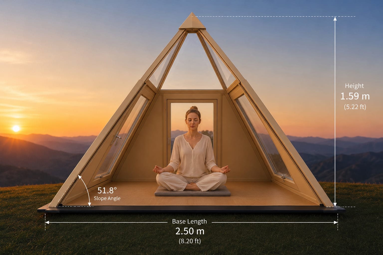 Illustration showing the pyramid’s 51.8-degree side slope, 2.5-metre base and 1.59-metre height