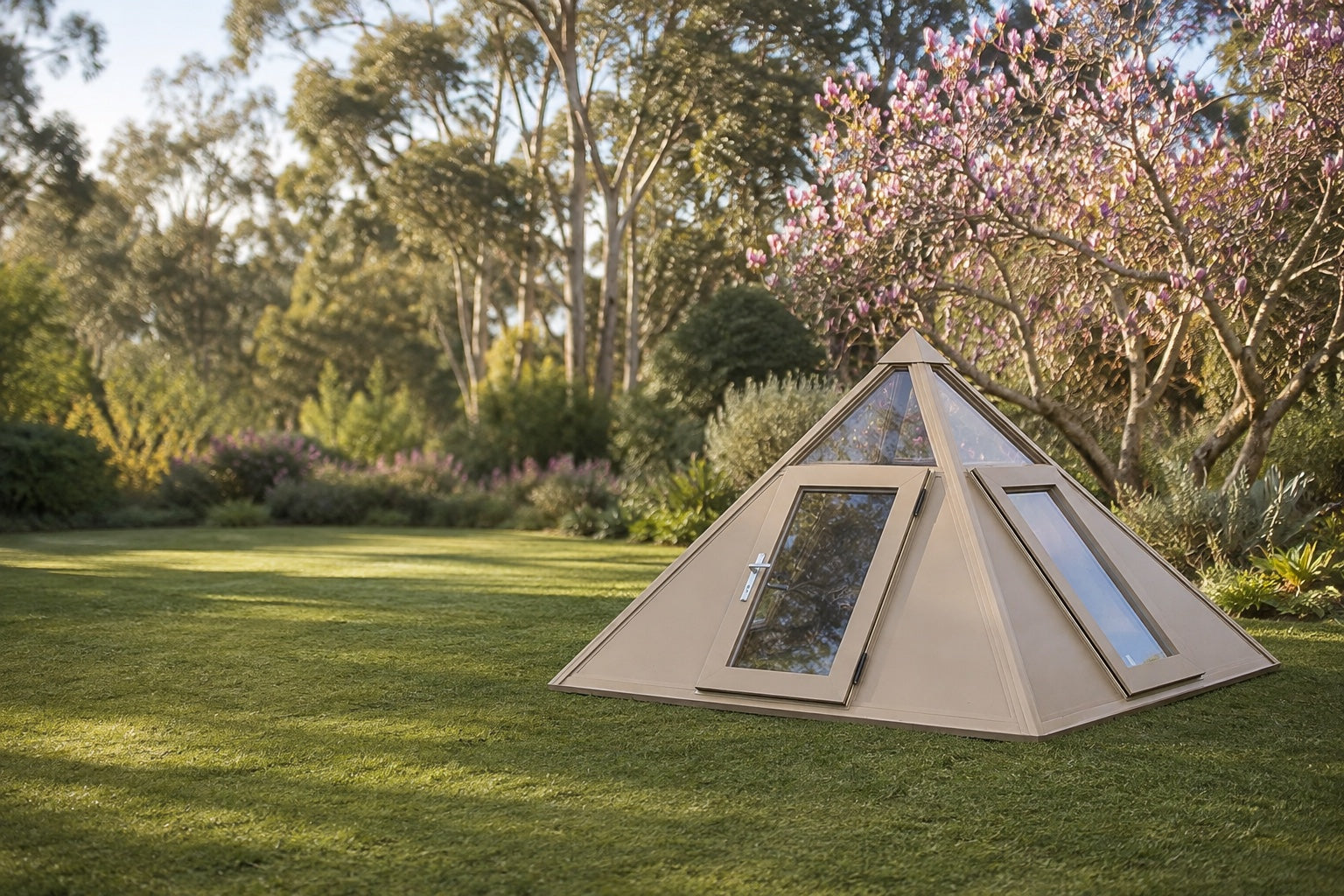 Guang Pyramid in an AI-retouched garden setting