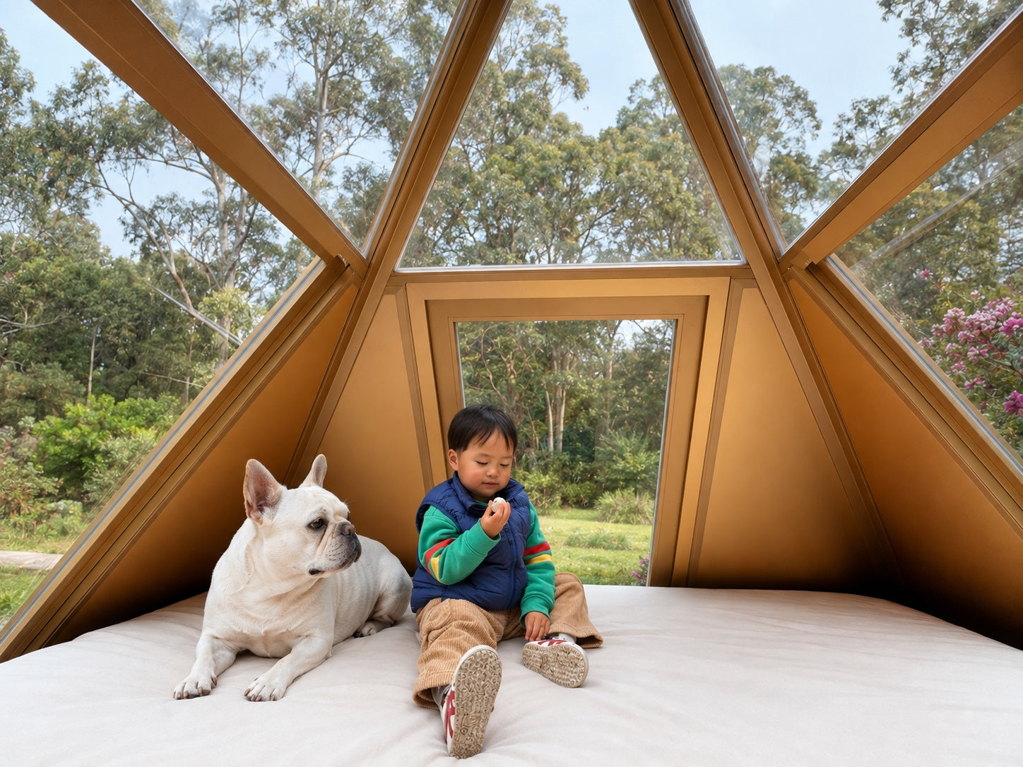 A family moment inside Guang Pyramid: child and dog on a white mat, AI-retouched scene